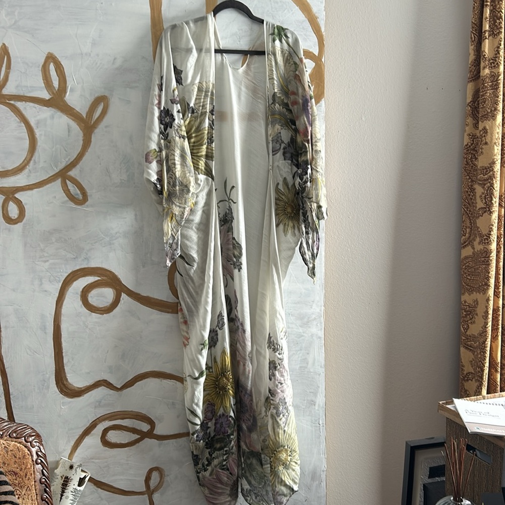 Aurelia Floral Motif Flower Sheer Kimono Long Maxi Open Duster Wrap Coverup